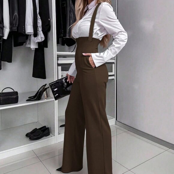 Coffee Brown Elegant Women's Spaghetti Strap Wide Leg Jumpsuit - Picture 2 of 6